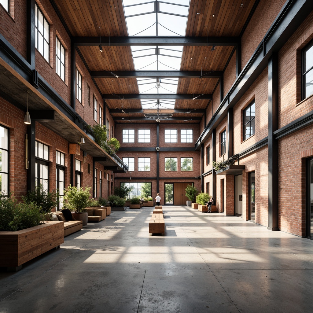 Prompt: Industrial warehouse interior, exposed brick walls, polished concrete floors, reclaimed wood accents, metal beams, minimalist decor, abundant natural light, clerestory windows, skylights, sliding glass doors, open floor plan, airy atmosphere, soft warm lighting, shallow depth of field, 1/1 composition, realistic textures, ambient occlusion.