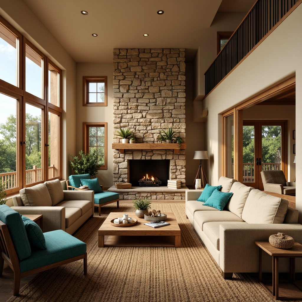 Prompt: Cozy great room, warm beige walls, comfortable sofas, rustic wooden furniture, earthy brown tones, vibrant turquoise accents, plush area rugs, natural stone fireplace, soft cream ceiling, large windows, abundance of natural light, relaxed atmosphere, warm golden lighting, 2/3 composition, intimate setting, realistic textures, ambient occlusion.