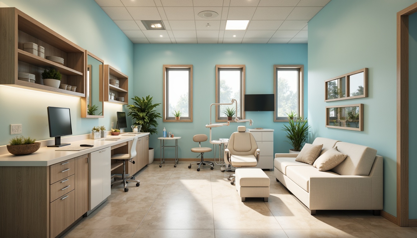 Prompt: Calming dental clinic, soft blue walls, creamy white countertops, warm beige flooring, natural wood accents, gentle greenery, soothing ambient lighting, comfortable seating areas, minimal ornamentation, sterile equipment, modern technology integration, subtle texture variations, calming color transitions, 1/2 composition, shallow depth of field, realistic reflections, soft focus effect.