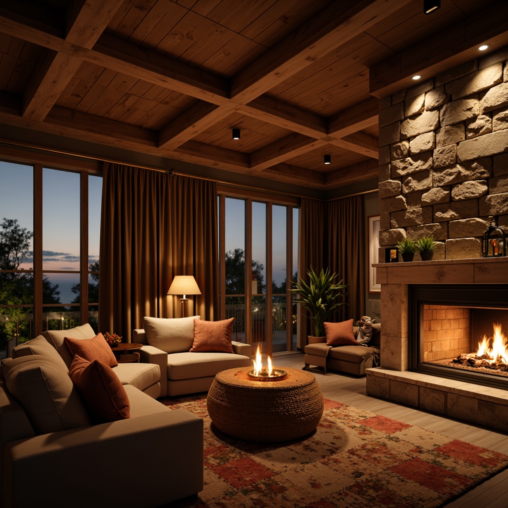 Prompt: Warm candlelight, rich wood tones, soft velvet fabrics, cozy throw blankets, comforting earthy colors, natural stone walls, rustic metal accents, warm beige upholstery, inviting fireplaces, plush area rugs, calming scents, gentle warm lighting, shallow depth of field, 2/3 composition, intimate atmosphere, realistic textures, ambient occlusion.