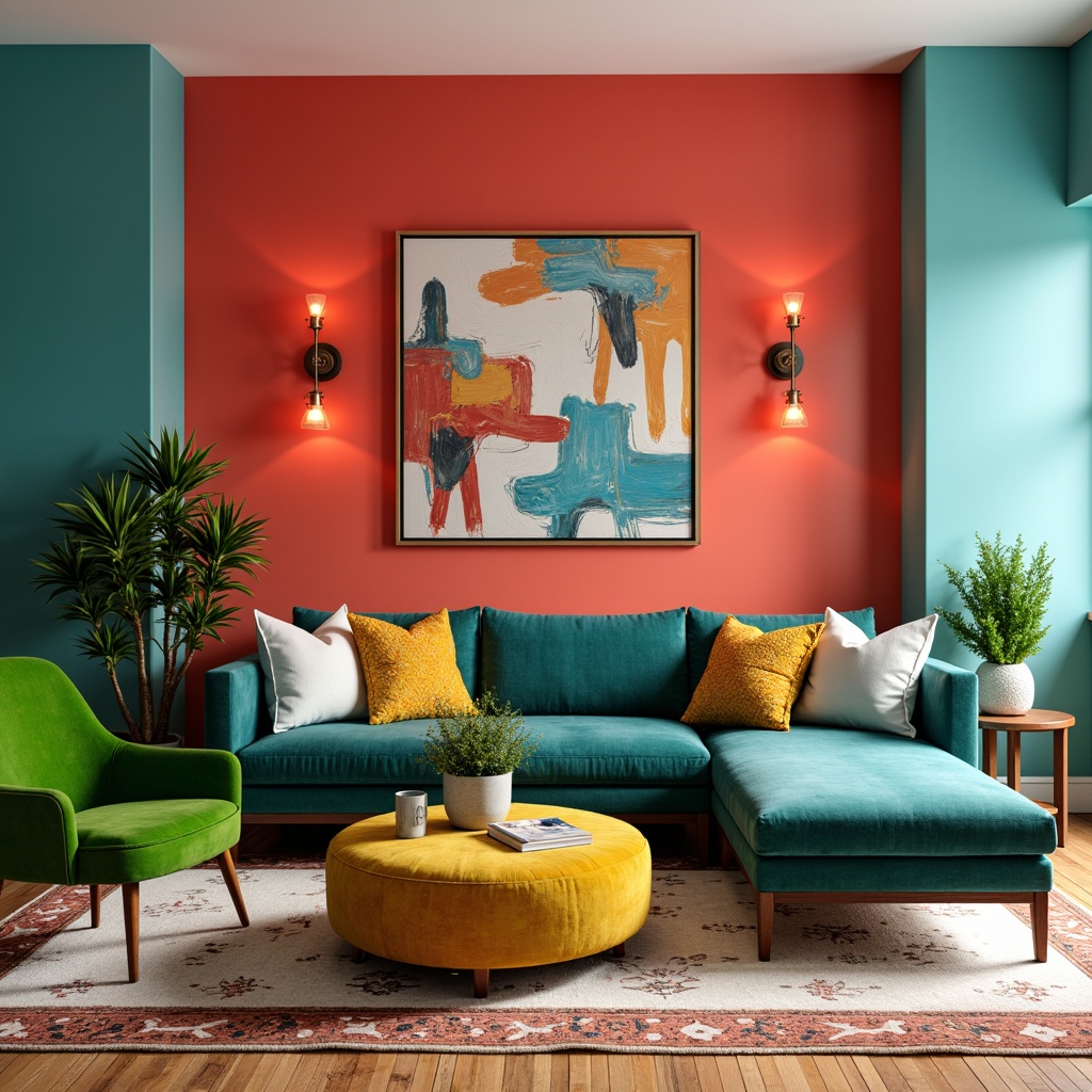 Prompt: Vibrant living room, bold color scheme, bright coral walls, turquoise accents, yellow ottoman, green velvet armchair, patterned rug, abstract artwork, modern lighting fixtures, sleek coffee table, textured throw pillows, natural wood flooring, warm ambiance, cozy atmosphere, shallow depth of field, 1/1 composition, softbox lighting, realistic textures.