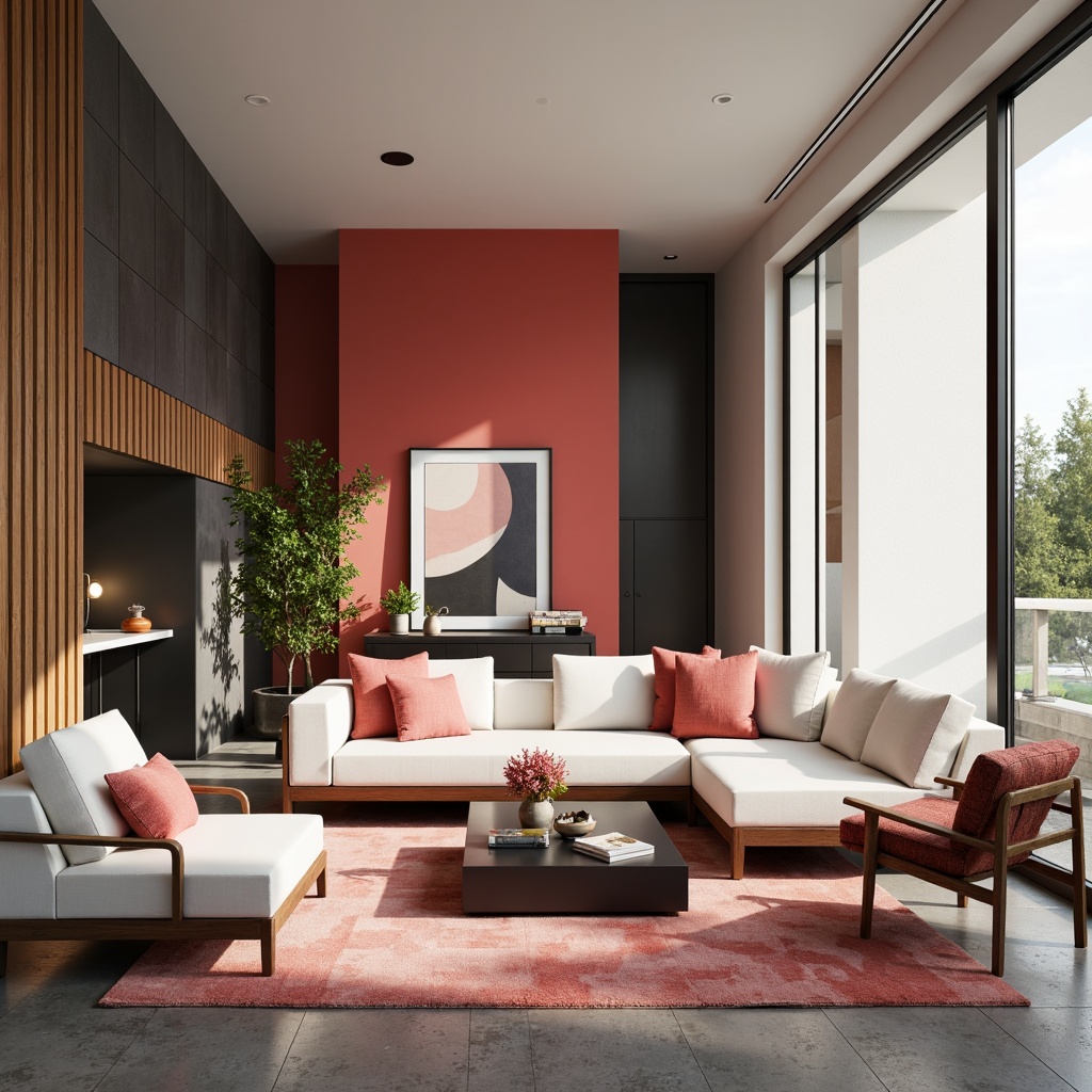 Prompt: Modern living room, sleek furniture, bold accent walls, rich wood tones, creamy whites, deep charcoal grays, pops of bright corals, soft pastel pinks, industrial metal accents, minimalist decor, natural light pouring in, airy feel, 3/4 composition, warm ambient lighting, shallow depth of field.