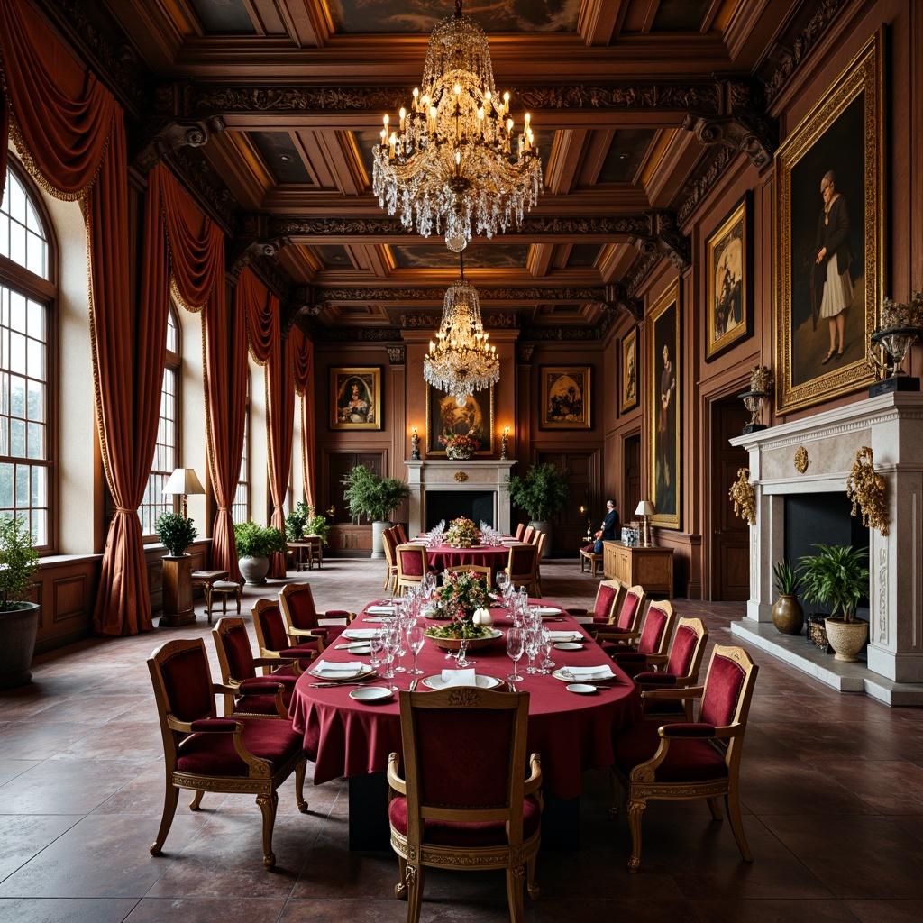 Prompt: Renaissance-style dining room, ornate wooden furniture, intricately carved chairs, velvet upholstery, golden accents, crystal chandeliers, grand stone fireplaces, rich tapestries, lavish drapery, marble floors, high ceilings, classic columns, warm candlelight, soft focus, shallow depth of field, 1/1 composition, realistic textures, ambient occlusion.