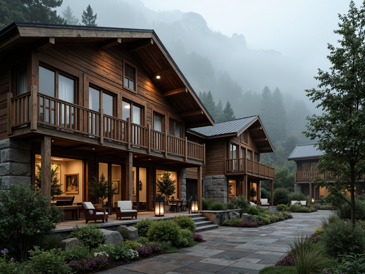 Prompt: Rustic hotel exterior, wooden cabin-style buildings, earthy tones, weathered wood textures, natural stone foundations, lush greenery surroundings, misty mountainside atmosphere, warm cozy ambiance, vintage decorative elements, distressed finishes, rich leather accents, dim warm lighting, shallow depth of field, 3/4 composition, panoramic view, realistic textures, ambient occlusion.