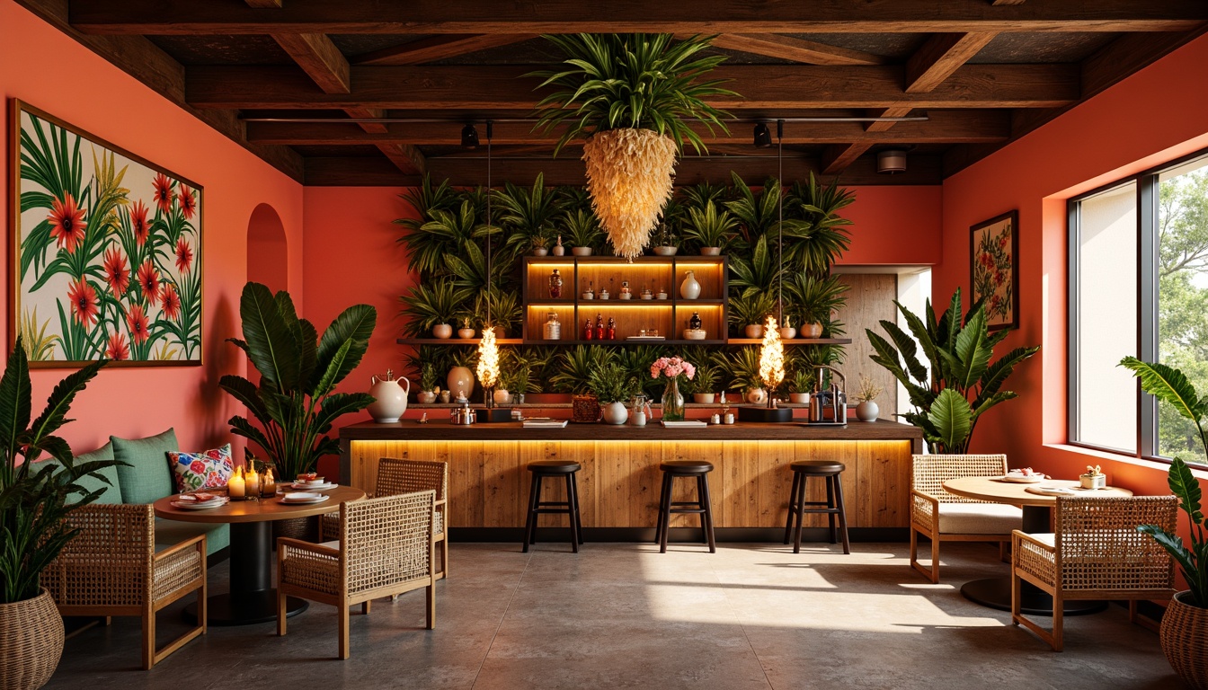 Prompt: Vibrant tropical restaurant, bright coral walls, lush greenery, exotic flower patterns, reclaimed wood accents, natural textiles, woven rattan furniture, colorful tiki torches, festive lanterns, bold geometric shapes, modern minimalist decor, warm golden lighting, shallow depth of field, 1/1 composition, realistic renderings, ambient occlusion.