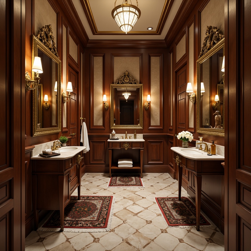 Prompt: Luxurious powder room, ornate mirrors, antique furnishings, rich wood tones, soft warm lighting, marble flooring, hexagonal tiles, herringbone patterns, high-gloss finishes, elegant fixtures, decorative rugs, wall-mounted sinks, Victorian-inspired decor, subtle color palette, intimate ambiance, soft focus, shallow depth of field.