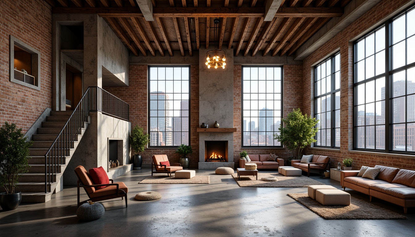 Prompt: Industrial-chic loft interior, exposed wooden beams, rustic metal accents, reclaimed wood flooring, distressed brick walls, minimalist decor, urban skyline views, large industrial windows, metal staircase, Edison bulb lighting, concrete columns, open-plan living area, cozy reading nooks, plush area rugs, natural textiles, warm ambient lighting, soft shadows, 1/1 composition, realistic materials, atmospheric rendering.