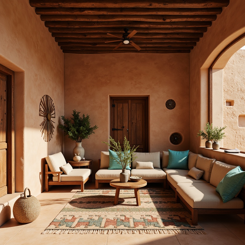 Prompt: Earthy adobe walls, warm terracotta hues, rough-hewn stone accents, distressed wood textures, vibrant turquoise accents, woven Native American patterns, natural fiber rugs, rustic metal decorations, sandy beige floors, soft warm lighting, ambient shadows, 1/1 composition, realistic earthy tones, subtle texture details.