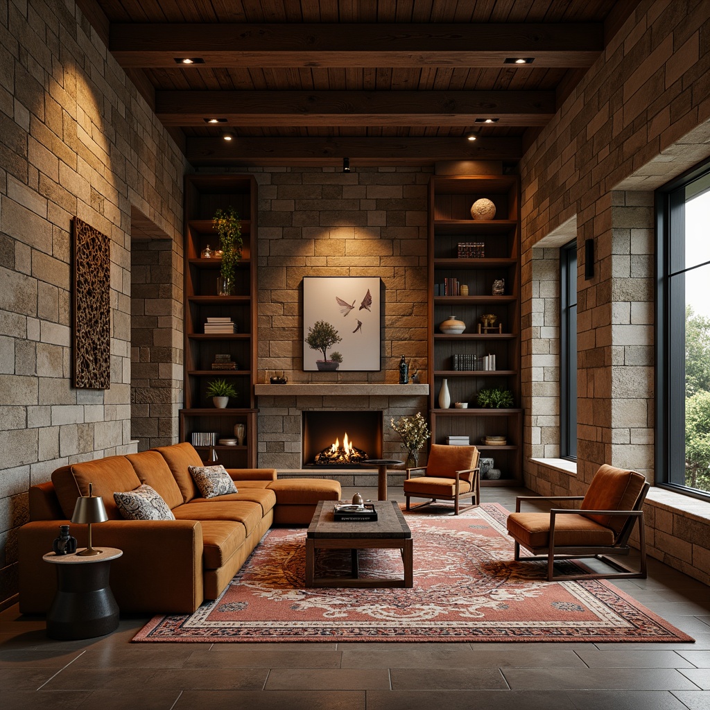 Prompt: Luxurious interior design, richly textured finishes, tactile experience, natural stone walls, reclaimed wood accents, distressed metal features, soft suede upholstery, velvety carpeting, intricate patterned rugs, ambient warm lighting, cozy atmosphere, inviting color palette, 3/4 composition, shallow depth of field, realistic material rendering.