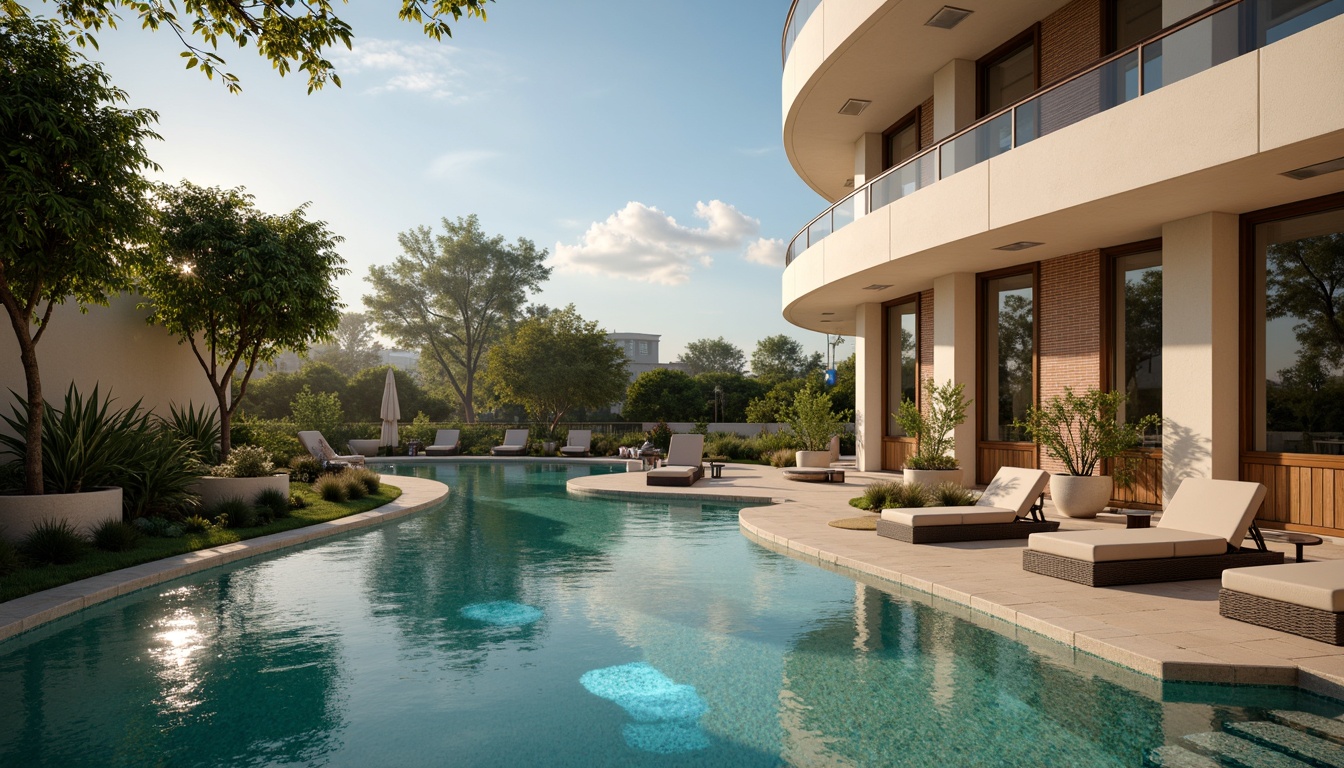 Prompt: Curved lines, Art Deco accents, luxurious atmosphere, resort-style surroundings, sun-kissed deck, turquoise water, sleek modern furniture, minimalist landscaping, geometric patterns, metallic railings, LED underwater lighting, shimmering water effects, soft warm ambiance, 1/1 composition, low-angle shot, cinematic mood, realistic reflections, ambient occlusion.