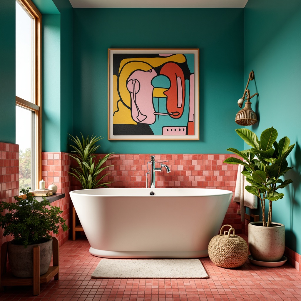 Prompt: Vibrant bathroom, expressionist style, bold turquoise walls, contrasting coral pink accents, sleek chrome fixtures, geometric mosaic tiles, abstract art pieces, eclectic vintage decor, rich emerald green plants, warm golden lighting, dramatic shadows, 1/1 composition, shallow depth of field, realistic textures, ambient occlusion.