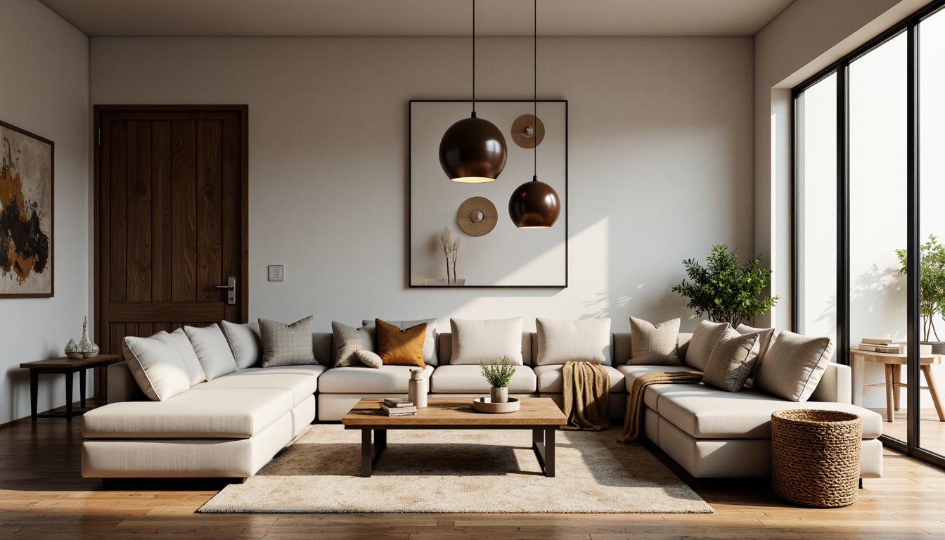 Prompt: Mid-century modern living room, minimalist decor, sleek low-profile sofas, reclaimed wood coffee tables, industrial metal lighting fixtures, natural woven textiles, abstract artwork, neutral color palette, warm ambient lighting, shallow depth of field, 2/3 composition, realistic textures, atmospheric rendering.