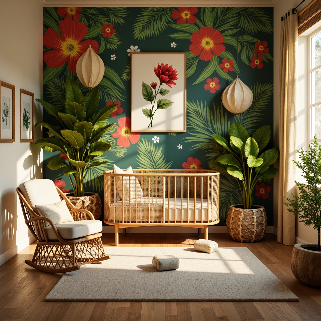 Prompt: Vibrant tropical nursery, woven rattan crib, plush jungle-inspired textiles, colorful exotic flowers, natural wood accents, wicker rocking chair, leaf-patterned wallpaper, warm beige walls, creamy white furniture, soft golden lighting, shallow depth of field, 1/1 composition, intimate atmosphere, realistic fabrics, ambient occlusion.