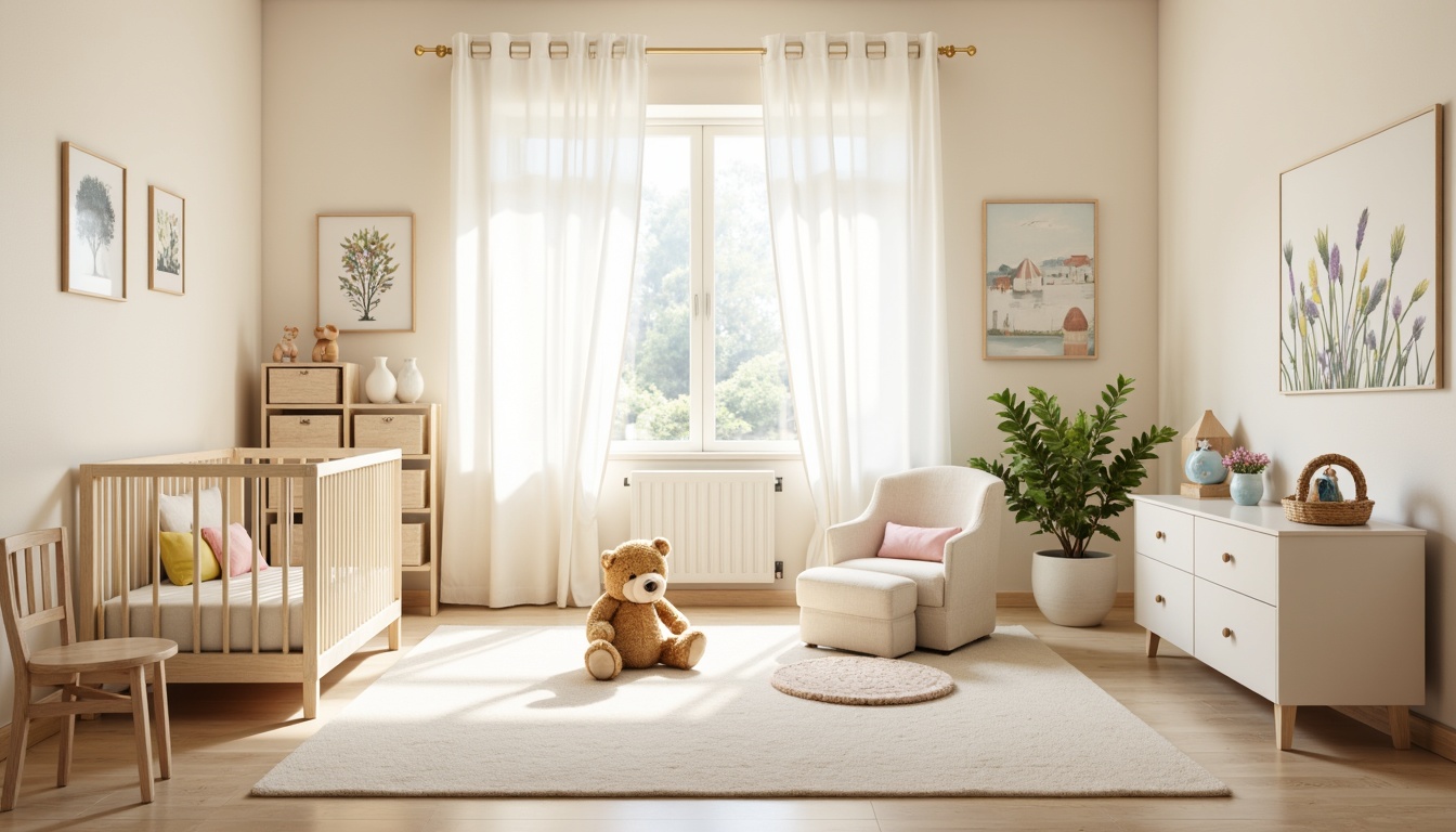 Prompt: Soft pastel hues, gentle nursey rhymes, adorable baby furniture, plush toys, creamy whites, warm beiges, soothing blues, pale pinks, yellow sunbeams, natural wood accents, delicate florals, whimsical wall art, tender lighting, shallow depth of field, 1/1 composition, intimate atmosphere.