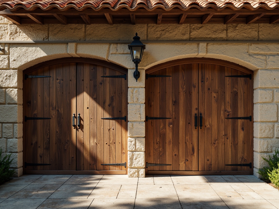 Prompt: Weathered wooden garage doors, rustic stone walls, clay roof tiles, vintage metal lanterns, distressed wood accents, earthy color palette, natural stone flooring, exposed wooden beams, ornate metal hardware, classic car displays, nostalgic memorabilia, soft warm lighting, shallow depth of field, 1/2 composition, realistic textures, ambient occlusion.