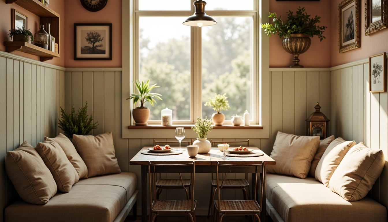 Prompt: Cozy breakfast nook, warm natural light, rustic wooden table, plush cushions, vintage metal chairs, distressed finishes, farmhouse decor, woven baskets, potted greenery, soft pastel colors, delicate ceramic vases, ornate metal lanterns, subtle textures, shallow depth of field, 1/2 composition, intimate atmosphere, warm beige tones, inviting ambiance.