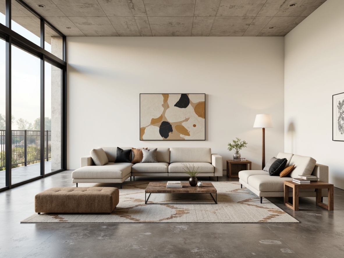 Prompt: Minimalist living room, sleek low-profile sofas, tufted ottomans, geometric-patterned rugs, industrial metal coffee tables, reclaimed wood side tables, modern floor lamps, abstract art pieces, neutral color palette, cream-colored walls, polished concrete floors, floor-to-ceiling windows, natural light, airy atmosphere, 1/1 composition, soft box lighting, realistic textures.