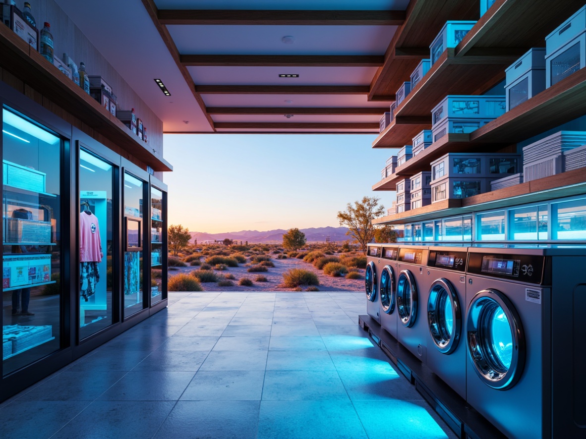 Prompt: Futuristic laundry space, sleek metal appliances, circular washing machines, glowing blue LED lights, translucent glass doors, eco-friendly detergent dispensers, recycled plastic storage bins, minimalist shelving units, ventilated drying racks, misting systems, ambient occlusion, shallow depth of field, 3/4 composition, panoramic view, vibrant neon color schemes, iridescent fabrics, holographic patterns, soft warm lighting, desert landscape background, sandy dunes, cactus plants, hot sunny day, clear blue sky.