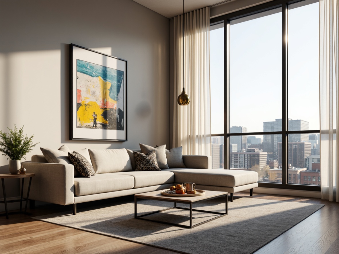 Prompt: Minimalist living room, sleek lines, neutral color palette, comfortable sectional sofa, industrial coffee table, abstract artwork, floor-to-ceiling windows, natural light, sheer curtains, soft carpeting, modern pendant lighting, metallic accents, geometric patterns, vibrant throw pillows, urban city view, sunny afternoon, shallow depth of field, 1/1 composition, realistic textures, ambient occlusion.