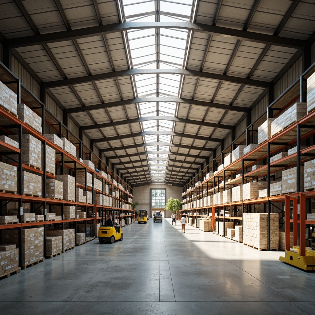 Prompt: Industrial distribution center, high vaulted ceiling, exposed ductwork, polished concrete floors, steel beams, modern metal architecture, large warehouse space, natural light pouring through skylights, rows of storage racks, commercial shelving units, busy forklift traffic, fluorescent lighting, warm beige color scheme, shallow depth of field, 1/1 composition, realistic textures, ambient occlusion.