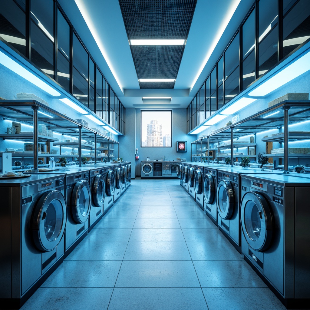 Prompt: Futuristic laundry room, sleek metallic appliances, neon-lit countertops, glowing blue accents, minimalist shelving units, circular washing machines, hovering drying racks, transparent glass doors, high-tech control panels, LED lighting strips, polished chrome fixtures, modernist architecture, open-plan layout, airy atmosphere, soft ambient glow, shallow depth of field, 1/1 composition, symmetrical framing, crisp clean lines, futuristic typography.