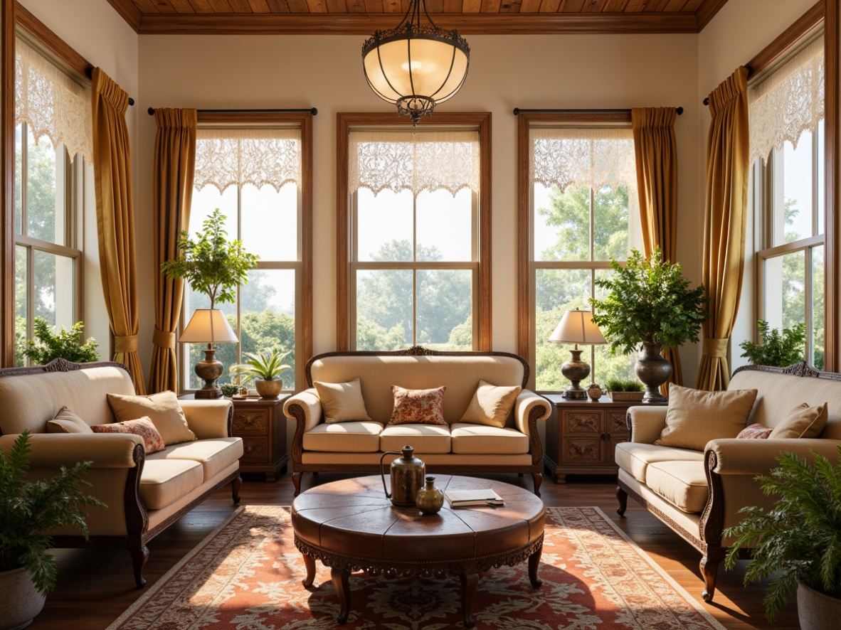 Prompt: Elegant sunroom, classicism style, warm natural light, soft cream-colored walls, rich wood accents, plush velvet sofas, ornate wooden armchairs, delicate lace curtains, vintage metal lanterns, distressed leather ottomans, antique bronze vases, fresh greenery, potted ferns, subtle botanical patterns, earthy terracotta tones, warm beige textures, golden satin drapes, luxurious silk fabrics, intricate floral motifs, soft warm lighting, shallow depth of field, 1/1 composition, realistic render.