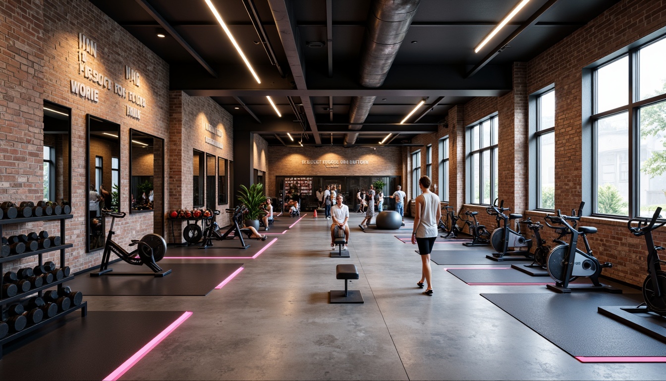 Prompt: Modern home gym, industrial chic decor, exposed brick walls, polished concrete floors, metallic equipment frames, rubber flooring, sound-absorbing panels, neon color accents, LED lighting strips, minimalist shelving units, sleek storage cabinets, motivational quotes, athletic-inspired artwork, functional mirrors, anti-slip mats, adjustable dumbbells, folding exercise bikes, wall-mounted pull-up bars, high-intensity interval training areas, personal training zones, soft natural light, 1/1 composition, shallow depth of field, realistic textures.