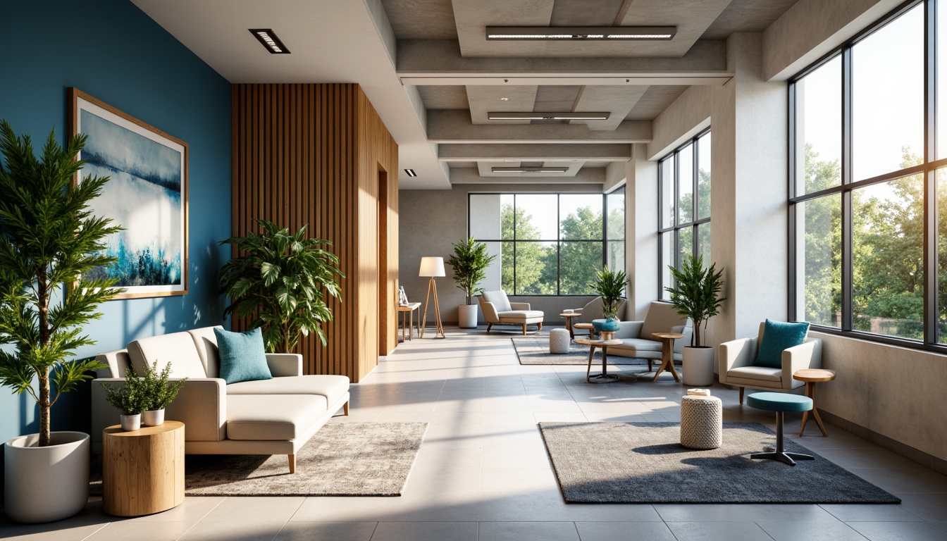 Prompt: Modern office interior, cohesive color scheme, calming blue tones, neutral beige walls, rich wood accents, sleek metal furniture, vibrant green plants, natural light, large windows, minimalist decor, textured rugs, geometric patterns, warm task lighting, soft shadows, shallow depth of field, 1/1 composition, realistic textures, ambient occlusion.