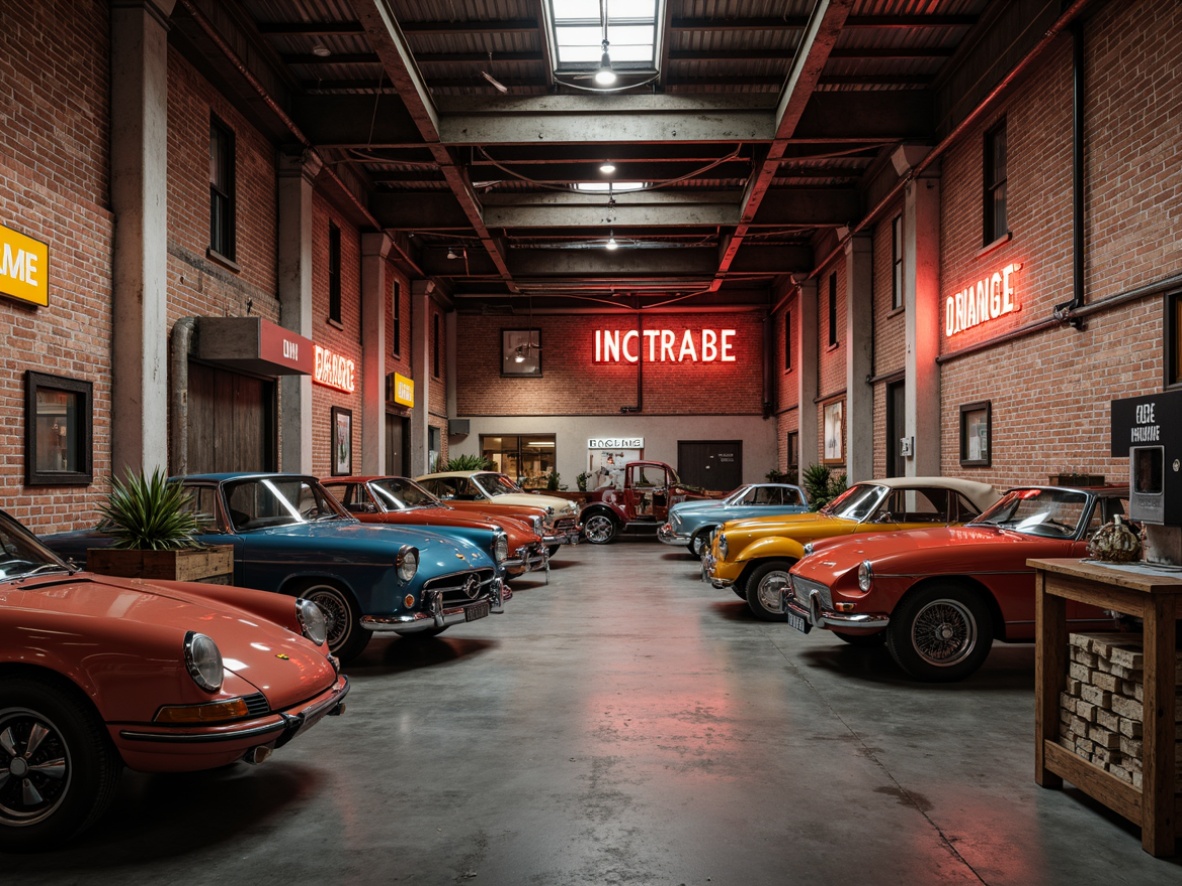 Prompt: Industrial garage interior, exposed brick walls, metallic accents, steel beams, polished concrete floors, vintage car displays, neon signage, distressed wood textures, warm color tones, earthy brown hues, deep blues, rusty reds, bright yellows, high-contrast lighting, dramatic shadows, 1/1 composition, realistic renderings, ambient occlusion.