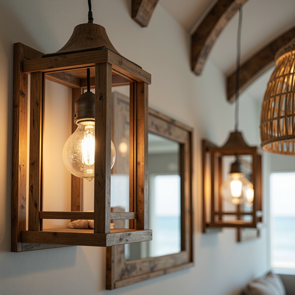 Prompt: Rustic wooden lanterns, nautical-themed pendant lights, distressed metal sconces, woven wicker chandeliers, driftwood-inspired ceiling fixtures, soft warm glow, coastal color palette, beachy vibes, natural textures, ocean breeze, sea salt air, sandy neutrals, weathered wood accents, vintage nautical elements, rope-wrapped details, glass jar pendants, linen shades, subtle sparkle, ambient lighting, warm beige tones, creamy whites, blues and greens hues, 1/2 composition, shallow depth of field, realistic reflections.