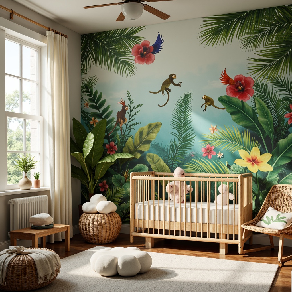 Prompt: Vibrant tropical nursery, jungle-inspired wallpaper, lush greenery, exotic flowers, playful monkeys, colorful parrots, woven bamboo furniture, natural wood accents, soft pastel colors, gentle ocean breeze, warm sunny day, creamy white drapes, whimsical cloud-shaped decor, 3D leaf-patterned textiles, rattan crib, wicker rocking chair, plush area rug, ambient softbox lighting, shallow depth of field, 1/2 composition, cozy reading nook.