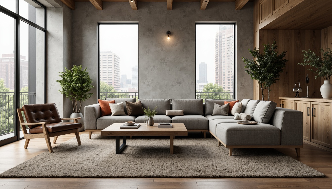 Prompt: Mid-century modern living room, sleek low-profile sofa, wooden coffee table, minimalist decor, industrial metal legs, neutral color palette, textured rug, floor-to-ceiling windows, natural light, urban loft atmosphere, concrete walls, reclaimed wood accents, vintage decorative items, cozy throw pillows, ambient warm lighting, shallow depth of field, 1/1 composition, realistic textures.