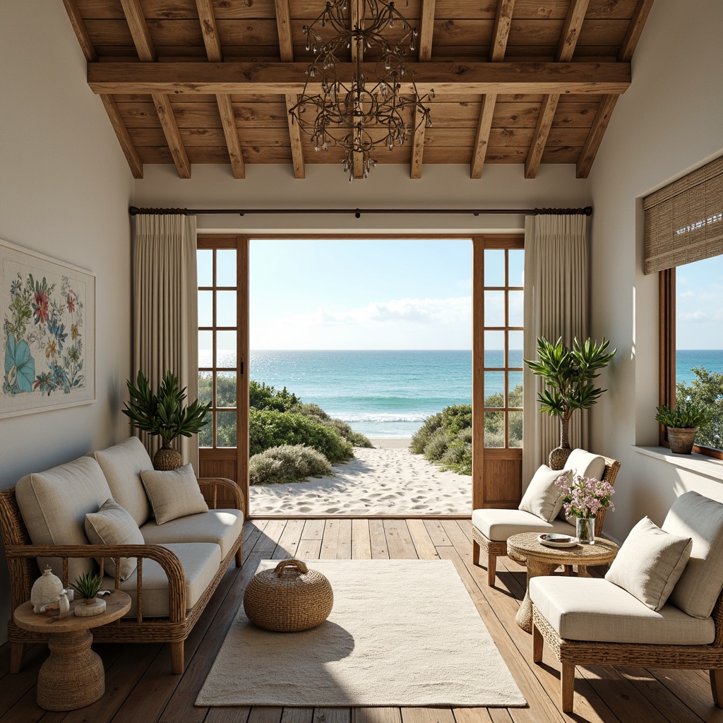 Prompt: Coastal cottage, weathered wood accents, natural linen fabrics, soft ocean breeze, sandy dunes, seashell decorations, driftwood furniture, nautical ropes, distressed finishes, coral-inspired patterns, beachy color palette, calming turquoise hues, creamy whites, sunny day, warm golden lighting, shallow depth of field, 1/1 composition, realistic textures, ambient occlusion.