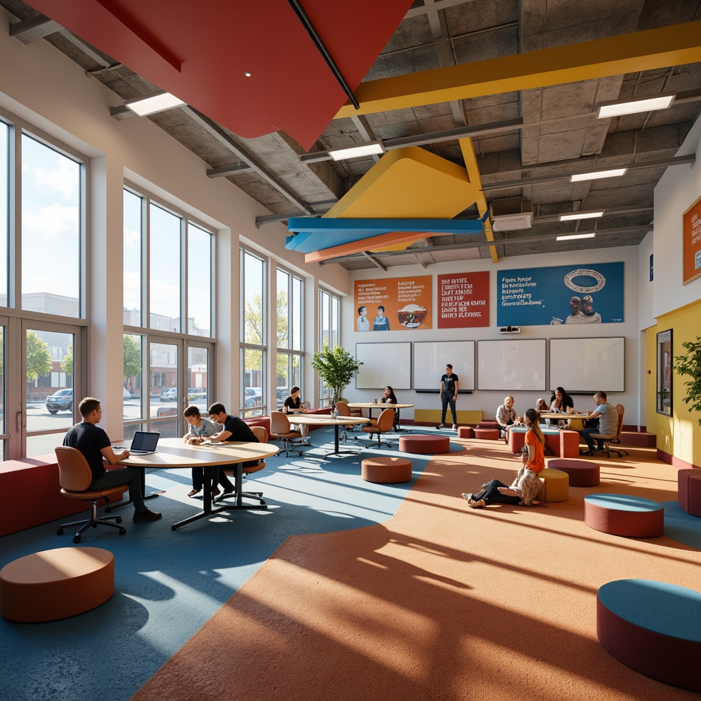 Prompt: Vibrant classroom, soft warm lighting, natural daylight, floor-to-ceiling windows, minimal shadows, adjustable LED lamps, colorful accent lights, interactive whiteboards, collaborative seating areas, ergonomic furniture, acoustic panels, inspirational quotes, educational charts, modern technology integration, subtle ambient glow, high-contrast displays, cozy reading nooks, stimulating color schemes, flexible learning spaces.