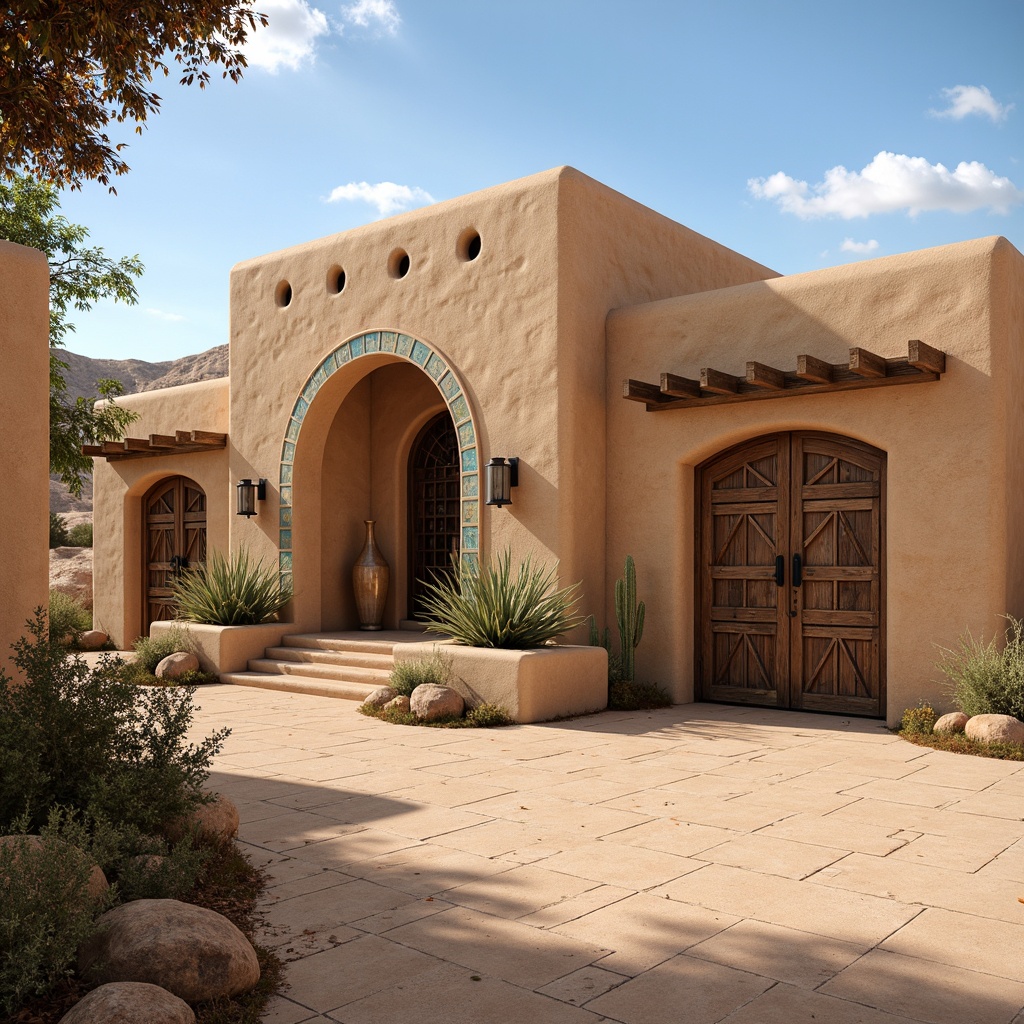 Prompt: Adobe earth-toned stucco walls, rustic wooden doors, ornate metalwork, vibrant turquoise accents, intricate geometric tile patterns, curved archways, majestic stone columns, desert landscape, sandy dunes, cactus plants, hot sunny day, clear blue sky, vast open space, Southwestern-inspired architecture, Pueblo Revival style, earthy color palette, natural textures, warm golden lighting, 3/4 composition, shallow depth of field, realistic renderings.