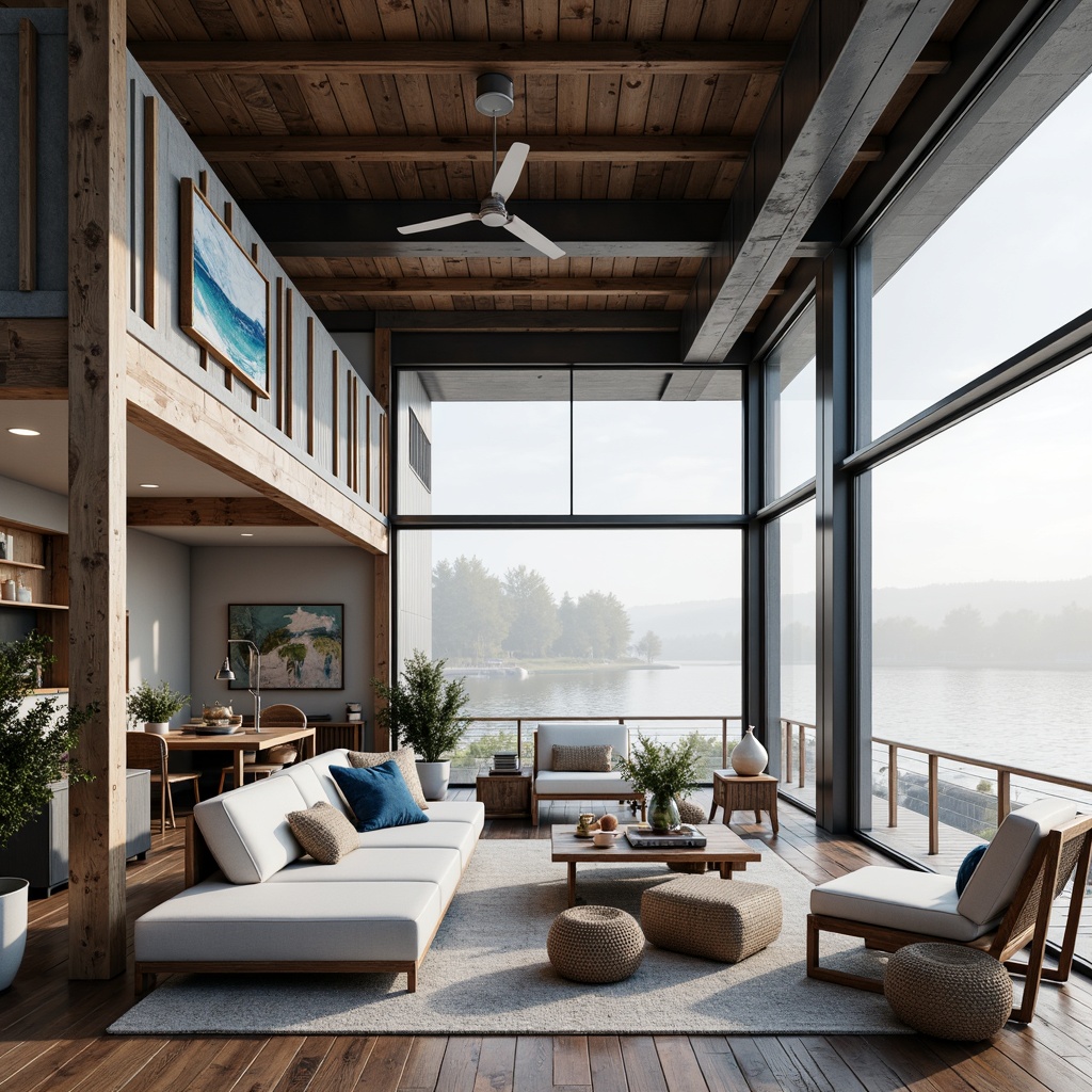 Prompt: Waterfront location, open floor plan, minimalist interior, industrial metal beams, reclaimed wood accents, large windows, sliding glass doors, nautical decorations, marine-inspired color palette, blue and white hues, natural textiles, woven baskets, potted greenery, modern Scandinavian furniture, abstract artwork, geometric patterns, functional simplicity, abundant natural light, warm cozy atmosphere, rustic wooden dock, serene lake views, misty morning ambiance, shallow depth of field, 1/2 composition, soft focus effect.