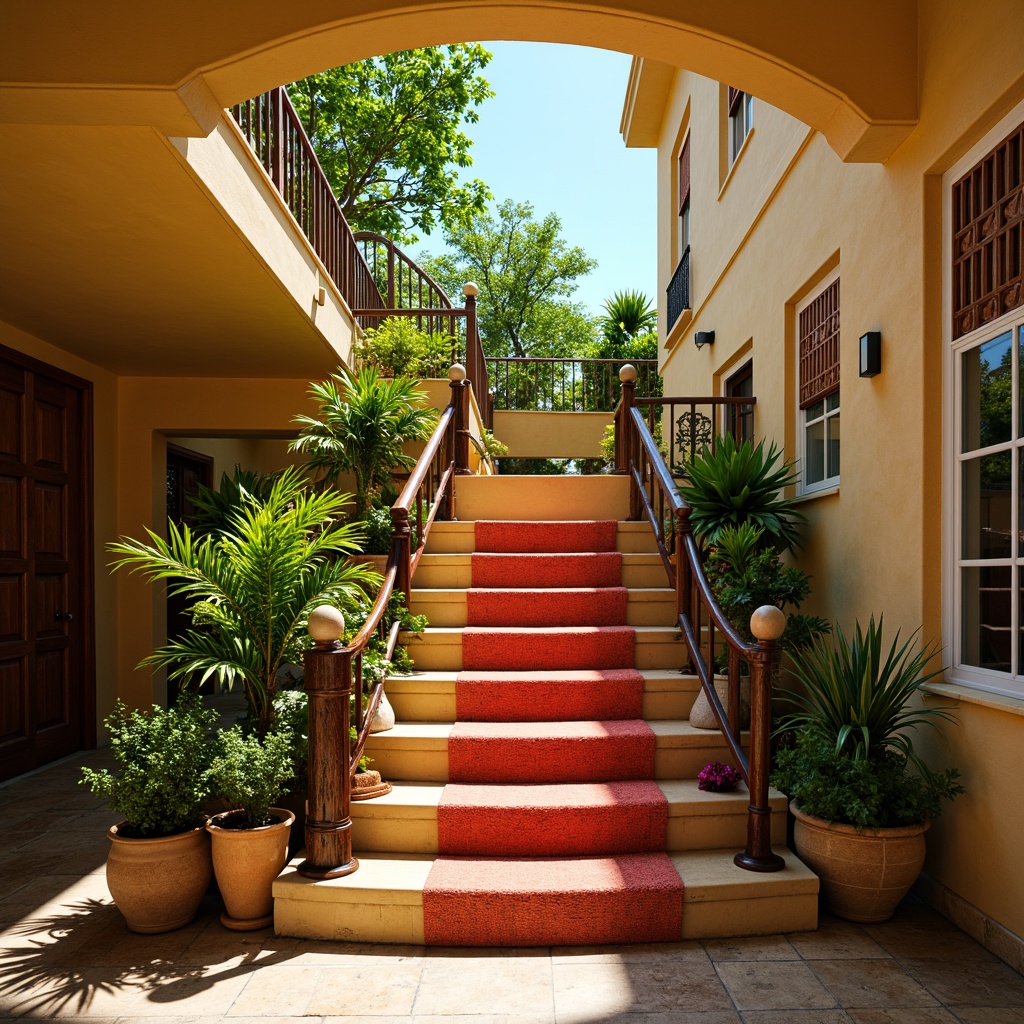 Prompt: Vibrant tropical staircase, exotic hardwood steps, bright coral railings, lush greenery accents, natural fiber carpets, warm beige walls, sunny yellow highlights, ocean-inspired blue undertones, wooden decorative trimmings, carved palm tree motifs, ornate metal balusters, soft ambient lighting, shallow depth of field, 1/1 composition, realistic textures, ambient occlusion.