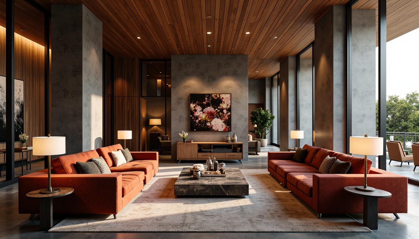 Prompt: Luxurious living room, velvet sofas, wooden accents, metallic lamps, marble coffee tables, plush area rugs, natural stone walls, sleek glass surfaces, rich wood paneling, bold color blocking, contrasting textures, warm ambient lighting, shallow depth of field, 1/1 composition, realistic reflections, atmospheric fog.