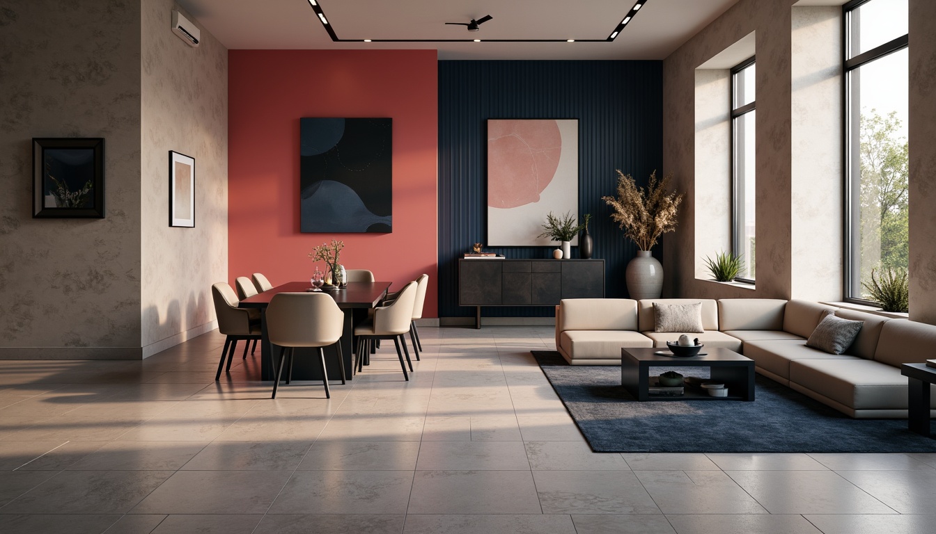 Prompt: Monochromatic interior, sleek modern furniture, bold accent walls, neutral beige tones, rich charcoal grays, deep navy blues, vibrant coral pinks, matte black metal frames, polished chrome accents, minimalist decorative patterns, subtle texture contrasts, soft warm lighting, shallow depth of field, 1/1 composition, realistic reflections, ambient occlusion.