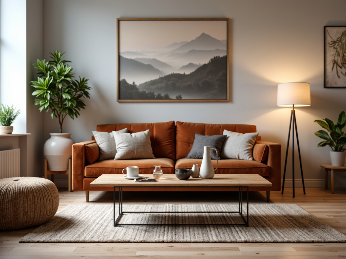 Prompt: Mid-century modern living room, sleek wooden coffee table, tufted velvet sofa, minimalist metal legs, plush area rug, natural fiber upholstery, soft warm lighting, Scandinavian-inspired decor, functional storage ottoman, decorative vases, elegant floor lamps, airy open space, 1/1 composition, shallow depth of field, realistic textures, ambient occlusion.