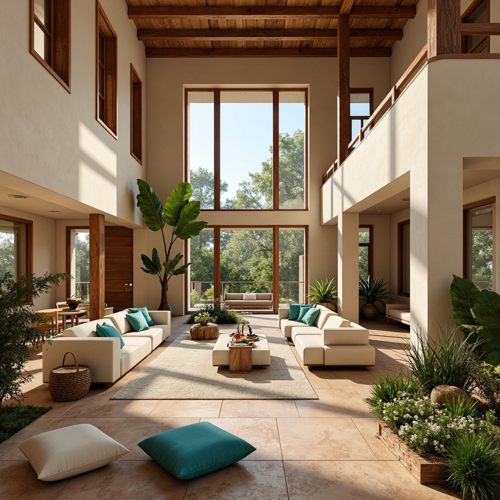 Prompt: Spacious great room, Mediterranean style, high ceilings, large windows, sliding glass doors, natural stone floors, warm beige walls, cozy seating areas, plush sectional sofas, vibrant turquoise accents, lush greenery, potted plants, open space concept, minimalist decor, ambient lighting, soft warm glow, 3/4 composition, panoramic view, realistic textures, subtle shading, airy atmosphere, sunny day, gentle breeze.