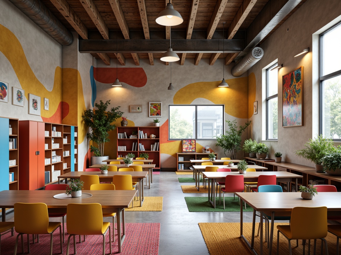 Prompt: Vibrant eclectic school interior, textured walls with bold colors, abstract murals, irregular shapes, industrial metal beams, reclaimed wood accents, colorful lockers, modern desks, ergonomic chairs, whimsical light fixtures, natural fiber rugs, potted plants, warm cozy atmosphere, soft box lighting, shallow depth of field, 1/1 composition, realistic textures, ambient occlusion.