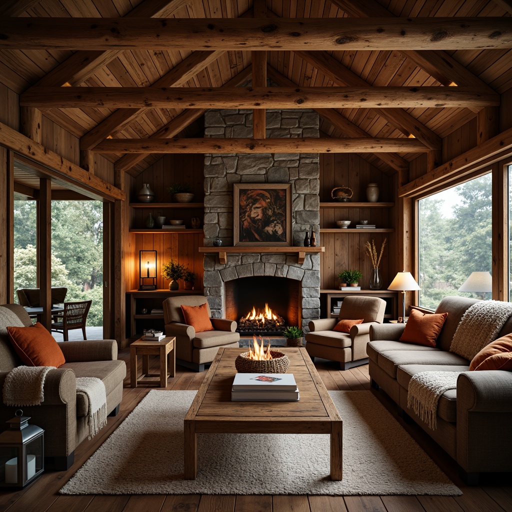 Prompt: Rustic wooden cabin, distressed finishes, earthy color palette, natural stone fireplaces, vintage metal lanterns, woven textiles, plush throw blankets, cozy reading nooks, warm candlelight, shallow depth of field, 2/3 composition, soft focus, film grain texture, ambient occlusion.