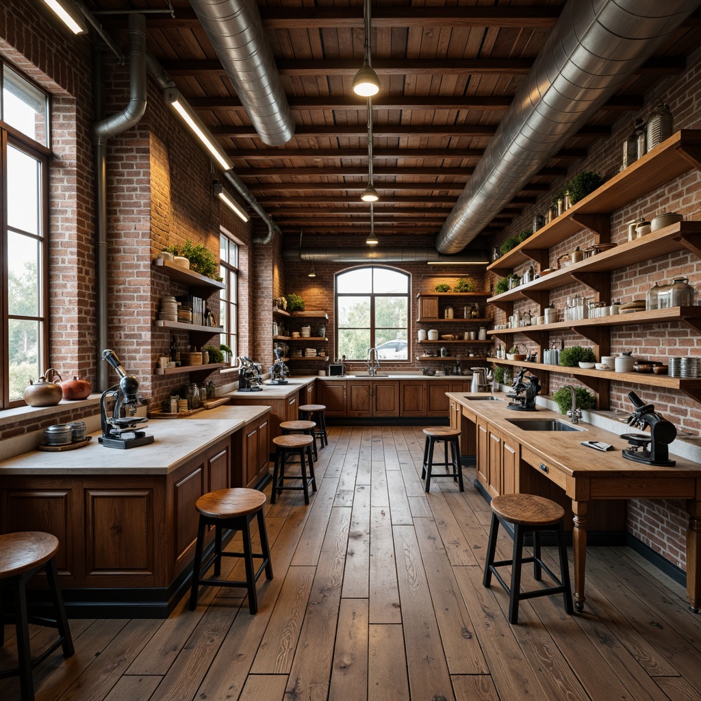 Prompt: Lab equipment, wooden workbenches, metal stools, classic laboratory chairs, antique microscopes, vintage scientific instruments, wooden cabinets, glass shelves, marble countertops, stainless steel sinks, industrial lighting fixtures, exposed brick walls, distressed wood flooring, earthy color palette, warm softbox lighting, 1/2 composition, symmetrical framing, realistic textures, subtle ambient occlusion.