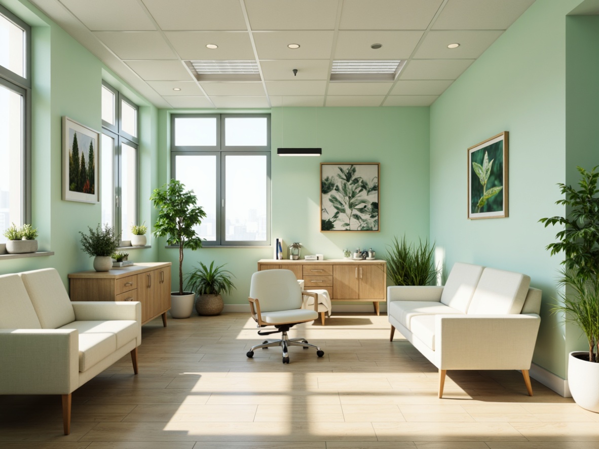 Prompt: Calming dental clinic, soft mint green walls, creamy white furniture, warm beige floors, natural wood accents, soothing blue undertones, gentle lighting, minimalist decor, serene atmosphere, comfortable waiting area, refreshing plants, modern equipment, stainless steel surfaces, clean lines, professional staff uniforms, calming background music, gentle water feature sounds, 1/2 composition, soft focus, realistic textures.