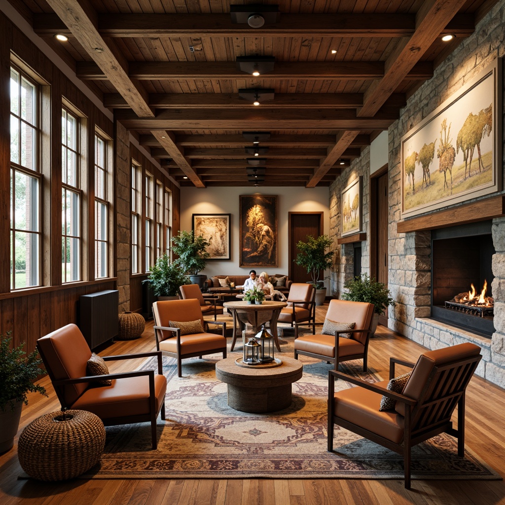 Prompt: Rustic hotel lobby, wooden beam ceilings, stone walls, vintage furniture, distressed leather armchairs, antique metal lanterns, woven wicker baskets, natural fiber rugs, earthy color palette, wooden floorboards, exposed brick walls, cozy fireplaces, plush throw blankets, nature-inspired artwork, reclaimed wood accents, metal decorative hardware, warm ambient lighting, shallow depth of field, 1/1 composition, realistic textures, soft focus effect.