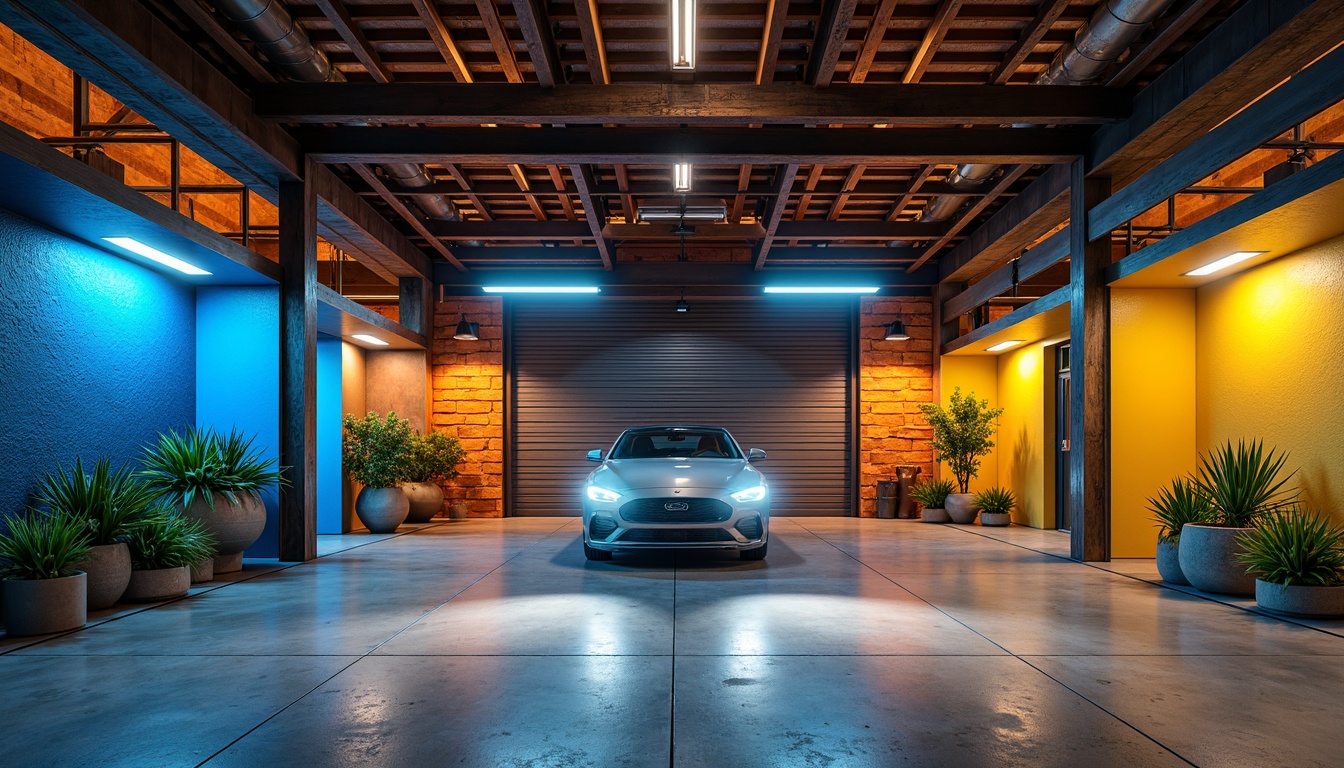 Prompt: Vibrant garage interior, industrial metal beams, concrete floors, rustic wooden accents, modern LED lighting, bold color scheme, deep blues, bright yellows, fiery oranges, metallic silvers, warm neutrals, natural stone walls, epoxy resin coatings, sleek aluminum doors, polished chrome fixtures, dramatic shadows, high-contrast lighting, 1/2 composition, realistic reflections, ambient occlusion.