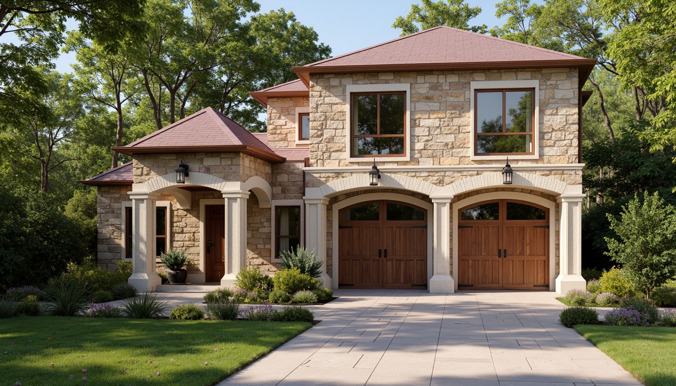 Prompt: Ornate garage facade, classic columns, ornamental pilasters, decorative pediments, symmetrical composition, rustic stone walls, arched windows, wooden carriage doors, antique metal hardware, weathered copper roof, lantern-style lighting fixtures, lush greenery, manicured lawns, sunny afternoon, soft warm lighting, shallow depth of field, 3/4 composition, realistic textures, ambient occlusion.