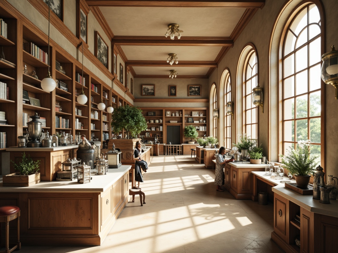 Prompt: Elegant laboratory interior, rich wooden accents, polished metal equipment, creamy white surfaces, soft pastel hues, subtle earthy tones, warm beige flooring, refined glassware, ornate antique fixtures, vintage scientific instruments, distressed leather-bound tomes, classic columns, arched windows, natural light pouring in, gentle diffusion, 1/1 composition, cinematic lighting, realistic reflections, ambient occlusion.Please let me know if this meets your expectations!