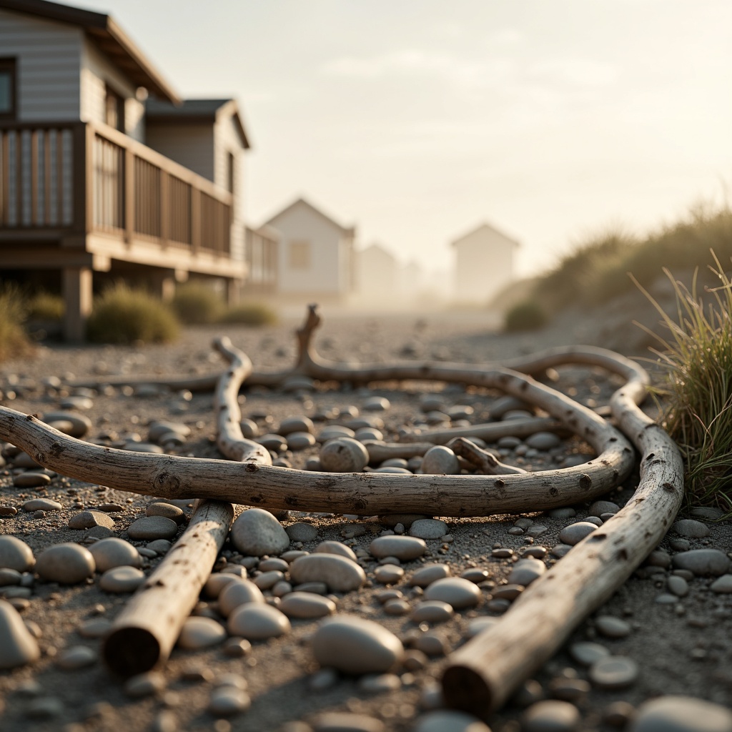 Prompt: Weathered driftwood, rustic beach huts, sandy dunes, ocean-worn rocks, distressed wooden planks, sun-bleached pebbles, sea-salted air, misty mornings, warm golden light, soft focus, shallow depth of field, 1/2 composition, serene atmosphere, natural textures, earthy tones, organic forms, beachy vibes.